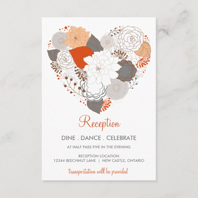 Orange Grey Heart Flowers Wedding Reception Card (Front)