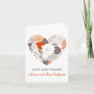 Orange & Grey Heart Flowers Wedding Thank You Card