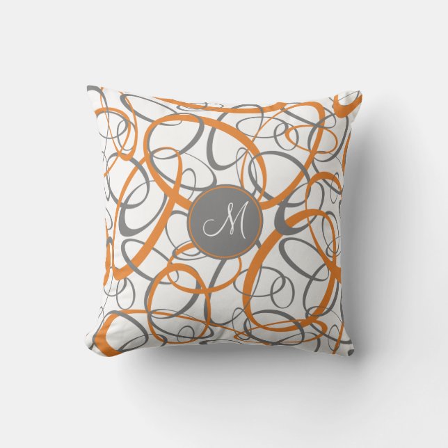 orange grey loops on white geometric pattern cushion (Front)