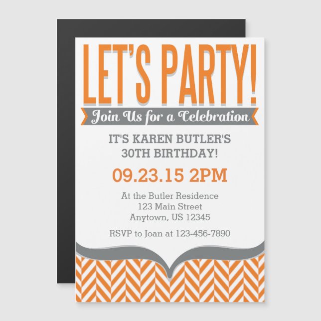 Orange Grey Modern Magnetic Birthday Invitations (Front/Back)