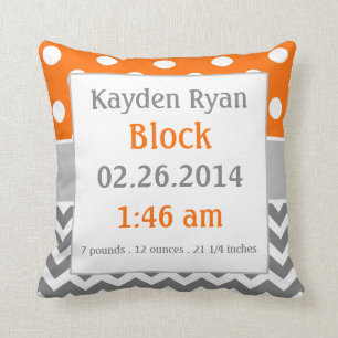 Orange Grey Personalised Baby Announcement Pillow