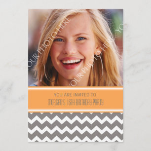 Orange Grey Photo 16th Birthday Party Invitations