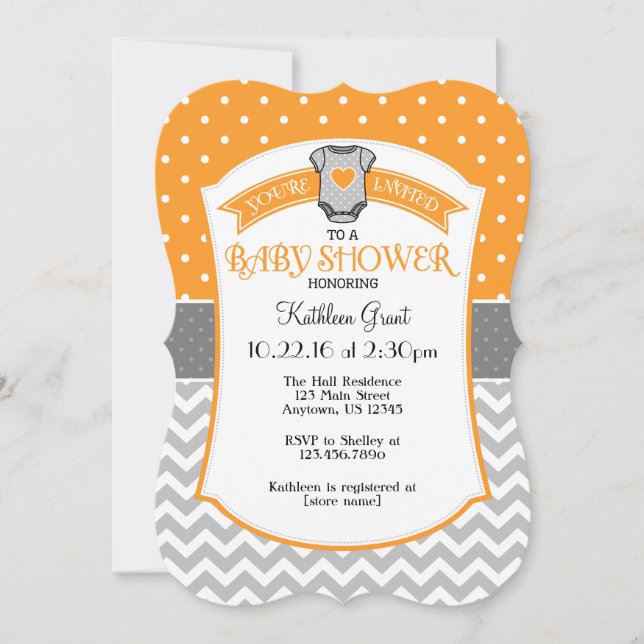 Orange Grey Polka Dot Chevron Baby Shower Invite (Front)