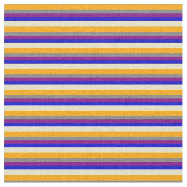 Orange, Grey, Purple, Blue, Pale Goldenrod Stripes Fabric (Close Up)