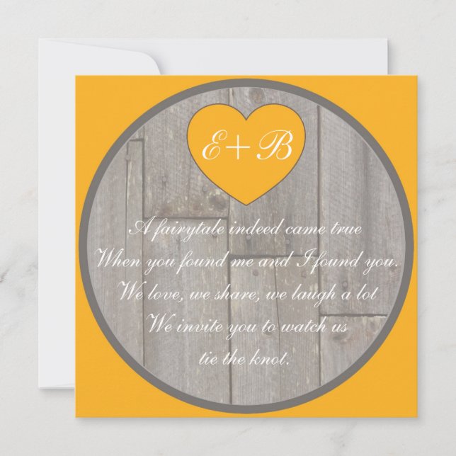 Orange grey rustic heart rhyming wedding invites (Front)
