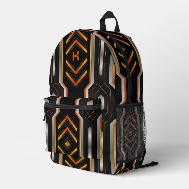 Orange, grey & silver gaming geometric background printed backpack (Back Corner Right)