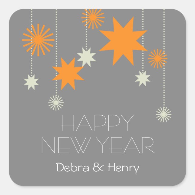 Orange grey star fireworks sparkle party favour ta square sticker (Front)