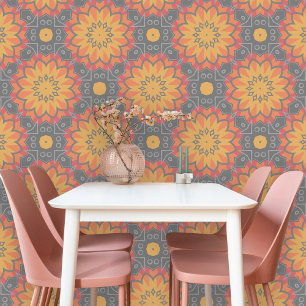 Orange Grey Stylised Geometric Flowers Wallpaper