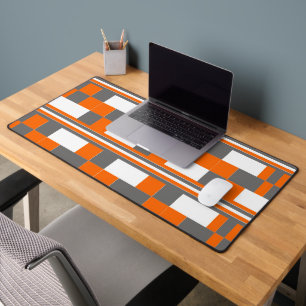 Orange Grey White Check Stripes Pattern Desk Mat