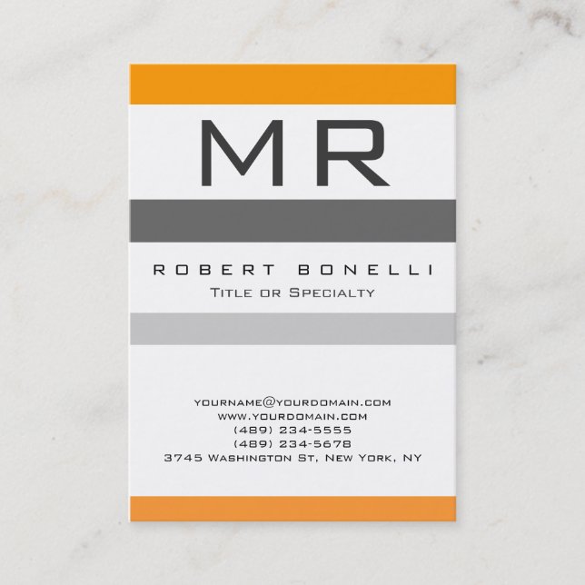 Orange Grey White Colour Monogram Business Card (Front)