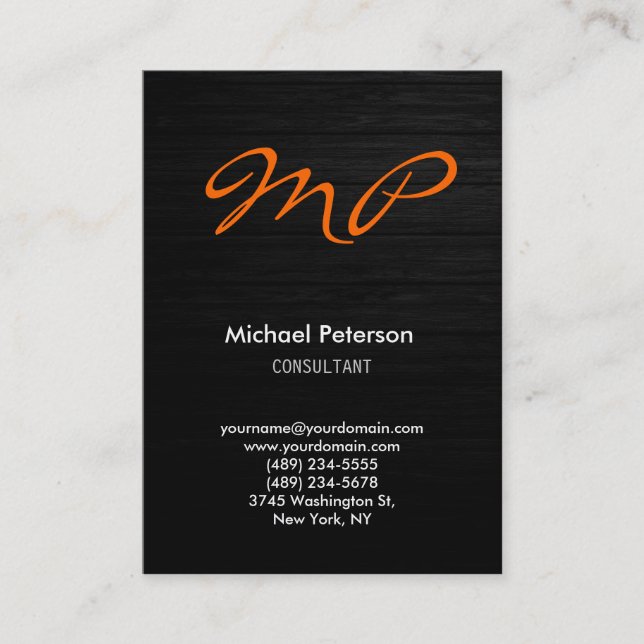 Orange Grey Wood Pattern Monogram Business Card (Front)