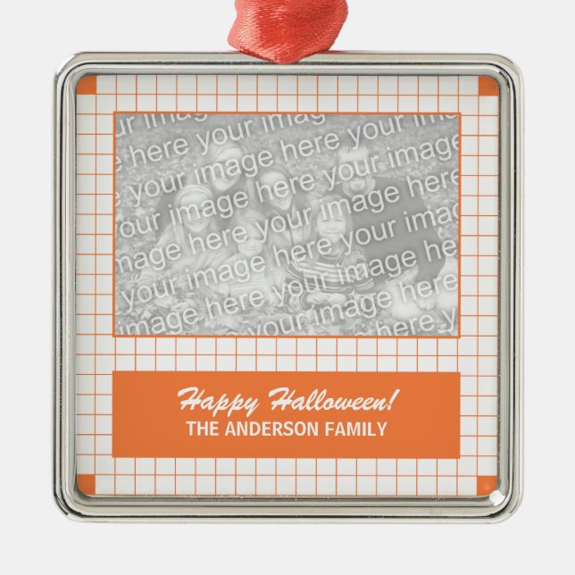 Orange Grid Photo Metal Ornament (Front)