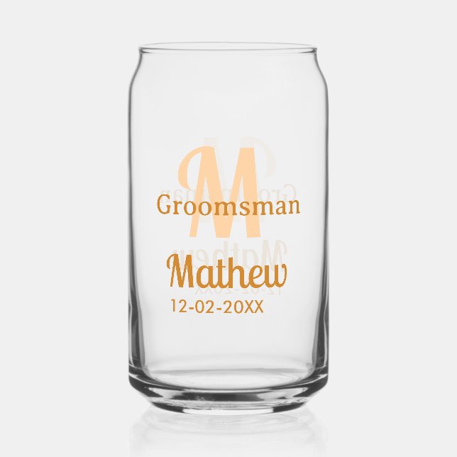 Orange groomsman name letter date masculine pastel can glass (Front)