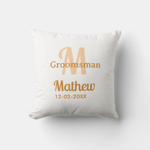 Orange groomsman name letter date masculine pastel cushion