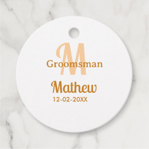 Orange groomsman name letter date masculine pastel favour tags