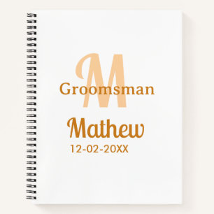 Orange groomsman name letter date masculine pastel notebook