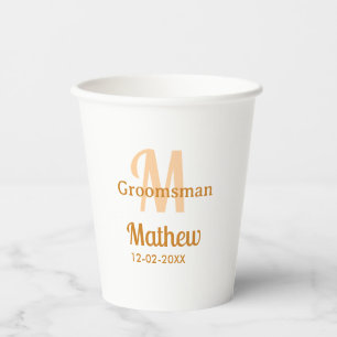 Orange groomsman name letter date masculine pastel paper cups