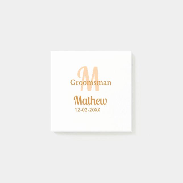 Orange groomsman name letter date masculine pastel post-it notes (Front)