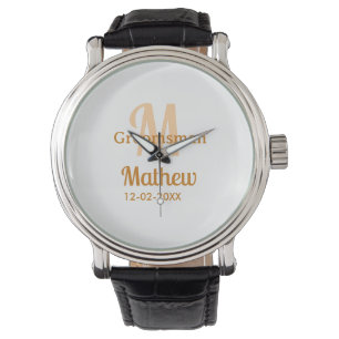 Orange groomsman name letter date masculine pastel watch