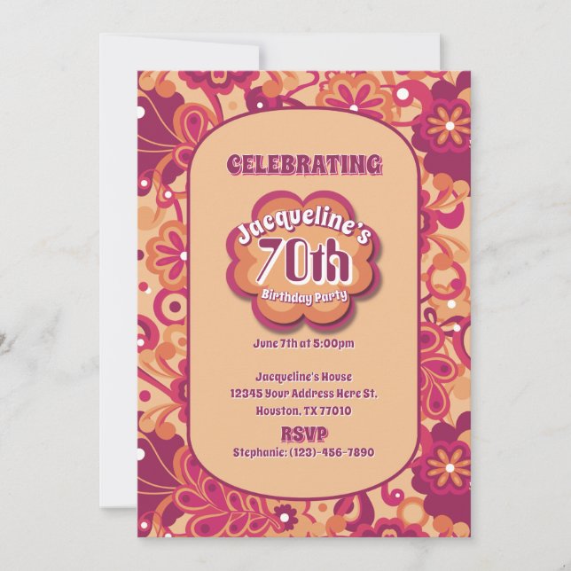 Orange Groovy Psychedelic 60s 70s Floral Birthday Invitation (Front)