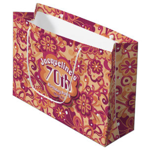 Orange Groovy Psychedelic 60s 70s Floral Birthday Large Gift Bag