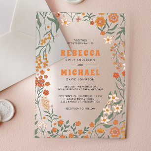 Orange Groovy Wildflower Wedding Acrylic Invitations