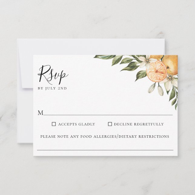 Orange Grove Citrus Wedding Food Allergy RSVP Card (Front)