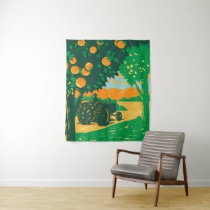 Orange Grove with Farmer Driving Vintage Tractor Tapestry