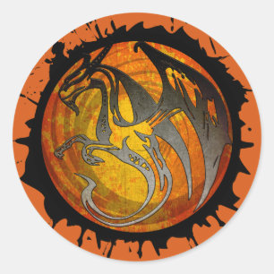 Orange grunge paint splatter dragon round stickers