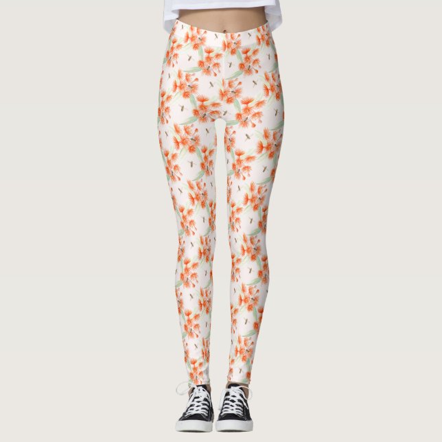Orange gum and bees watercolor patterned leggings (Front)