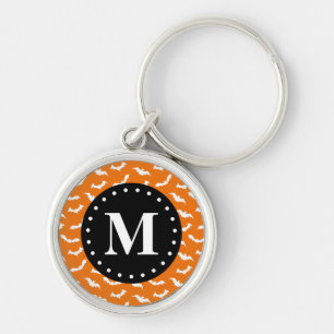 Orange Halloween Bat Pattern Black Monogram Key Ring