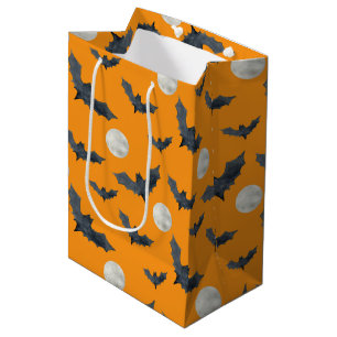 ORANGE HALLOWEEN BLACK BATS & FULL MOONS MEDIUM GIFT BAG