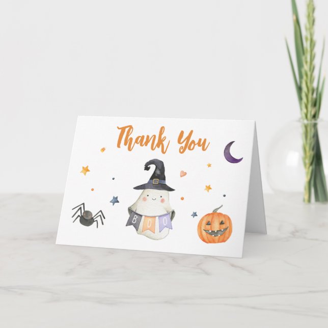 Orange Halloween Ghost Little Boo Baby Shower Thank You Card (Front)