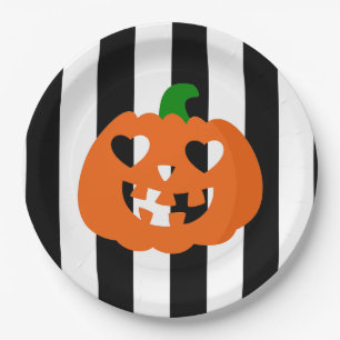 orange halloween heart pumpkin striped paper plate