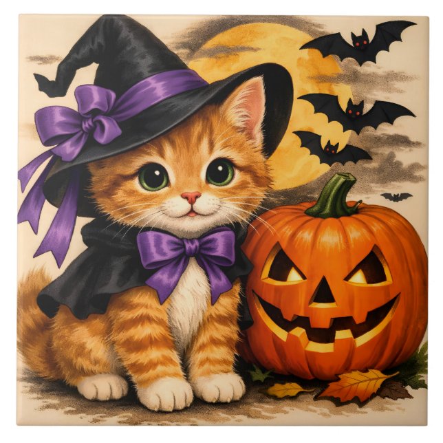 Orange Halloween Kitten with Pumpkin  Ceramic Tile (Front)