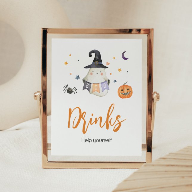 Orange Halloween Little Boo Baby Shower Drinks Poster (Little Boo Baby Shower Drinks Sign)