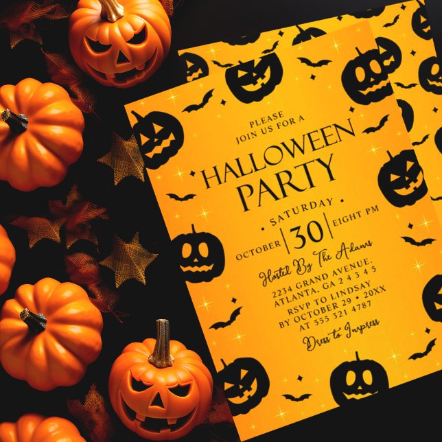 Orange Halloween Party Pumpkin & Bats Invitation (Creator Uploaded)