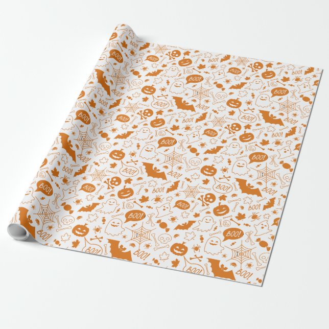 Orange Halloween Pattern Happy Halloween Art Wrapping Paper (Unrolled)