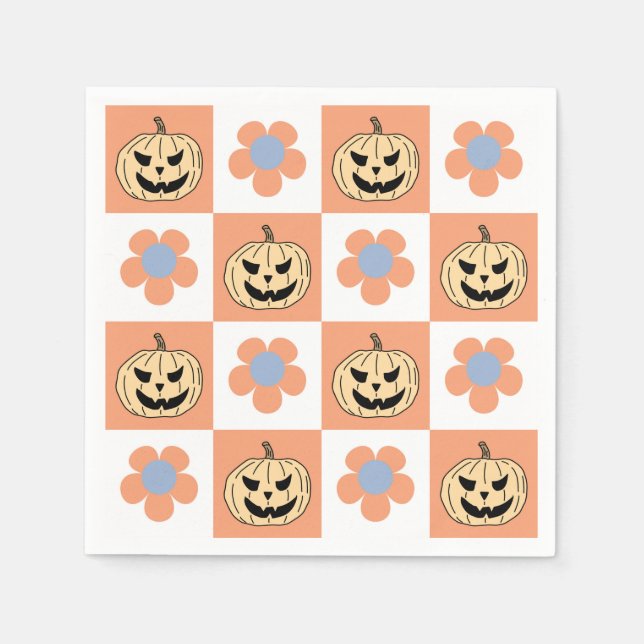 Orange Halloween Pumpkin and Daisy Chequerboard Napkin (Front)