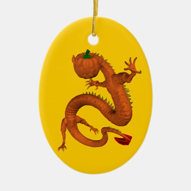 Orange Halloween Pumpkin Dragon Ceramic Ornament (Front)