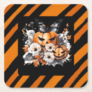 Orange Halloween Pumpkin Floral Square Paper Coaster