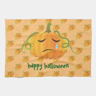 Orange Halloween Pumpkin Sad Seamless Pattern Tea Towel