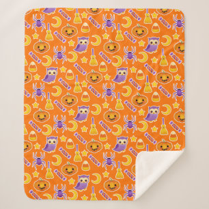 Orange Halloween Pumpkins Owls Spiders Pattern Sherpa Blanket