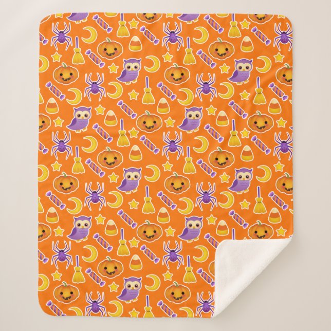 Orange Halloween Pumpkins Owls Spiders Pattern Sherpa Blanket (Front)