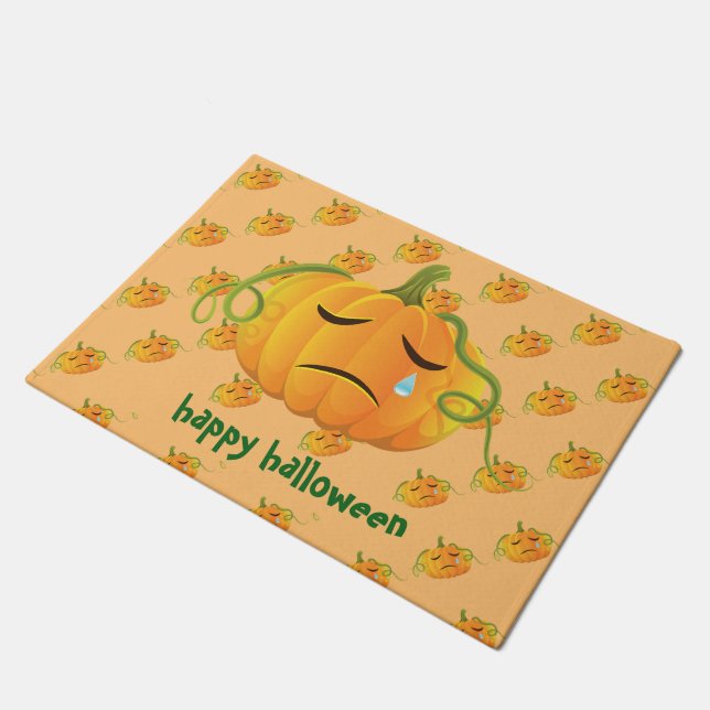 Orange Halloween Sad Pumpkin Seamless Pattern Doormat (Angled)