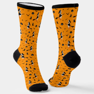 Orange Halloween Socks with Witches&Black Cats