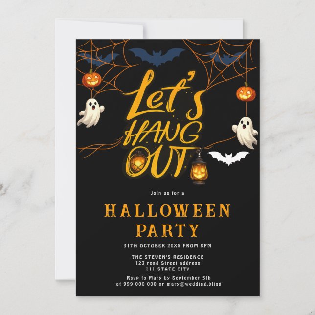 Orange Halloween Spider Hangout Script Party  Invitation (Front)