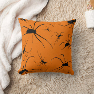 Orange Halloween Spiders Pattern, Black Spider Cushion