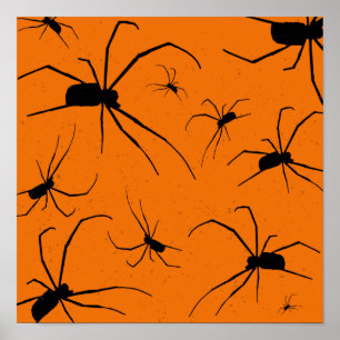 Orange Halloween Spiders Pattern, Black Spider Poster