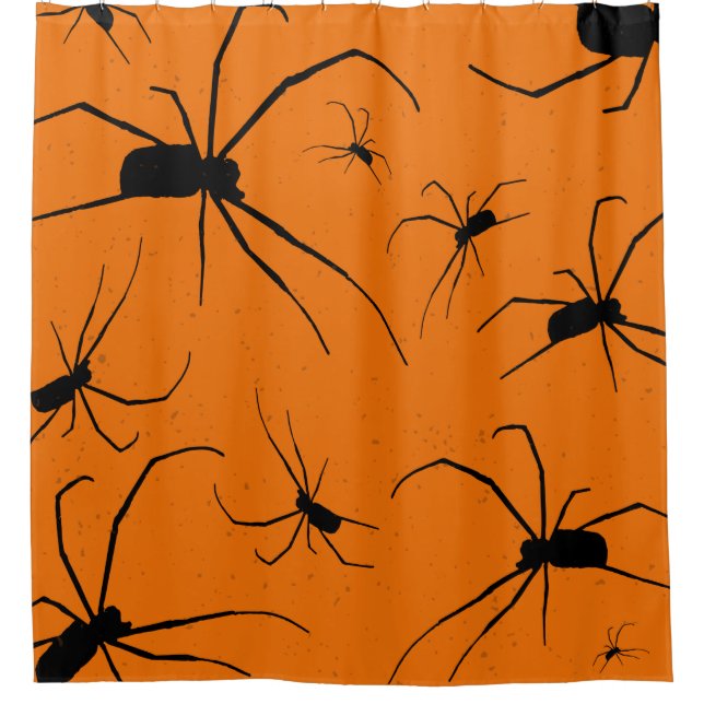 Orange Halloween Spiders Pattern, Black Spider Shower Curtain (Front)